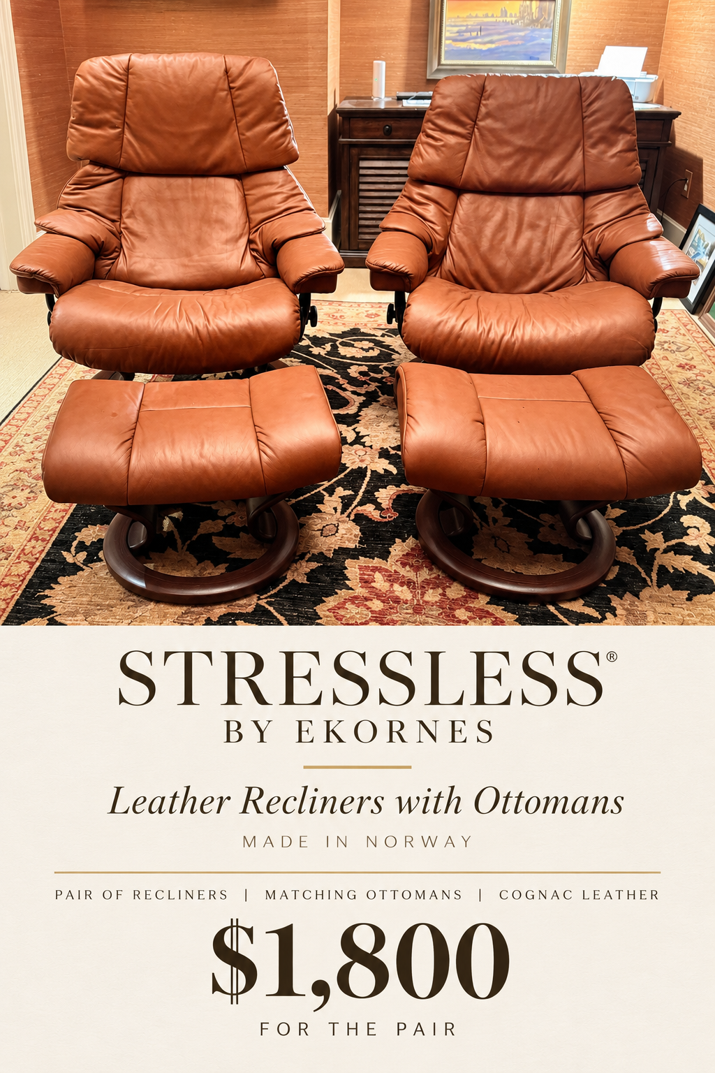 Pair of cognac leather Stressless recliners with matching ottomans