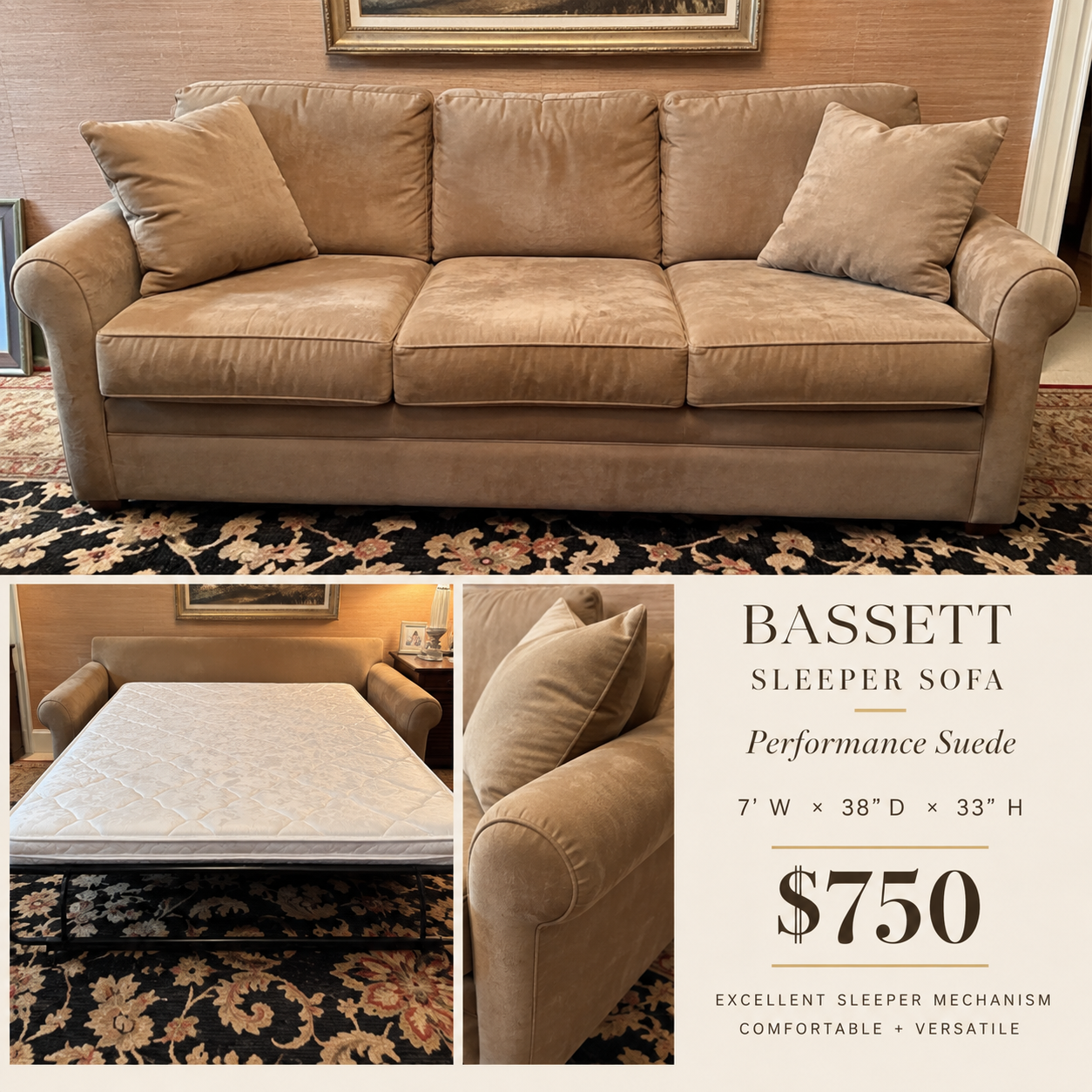Bassett three-cushion sleeper sofa in performance suede with its fold-out mattress