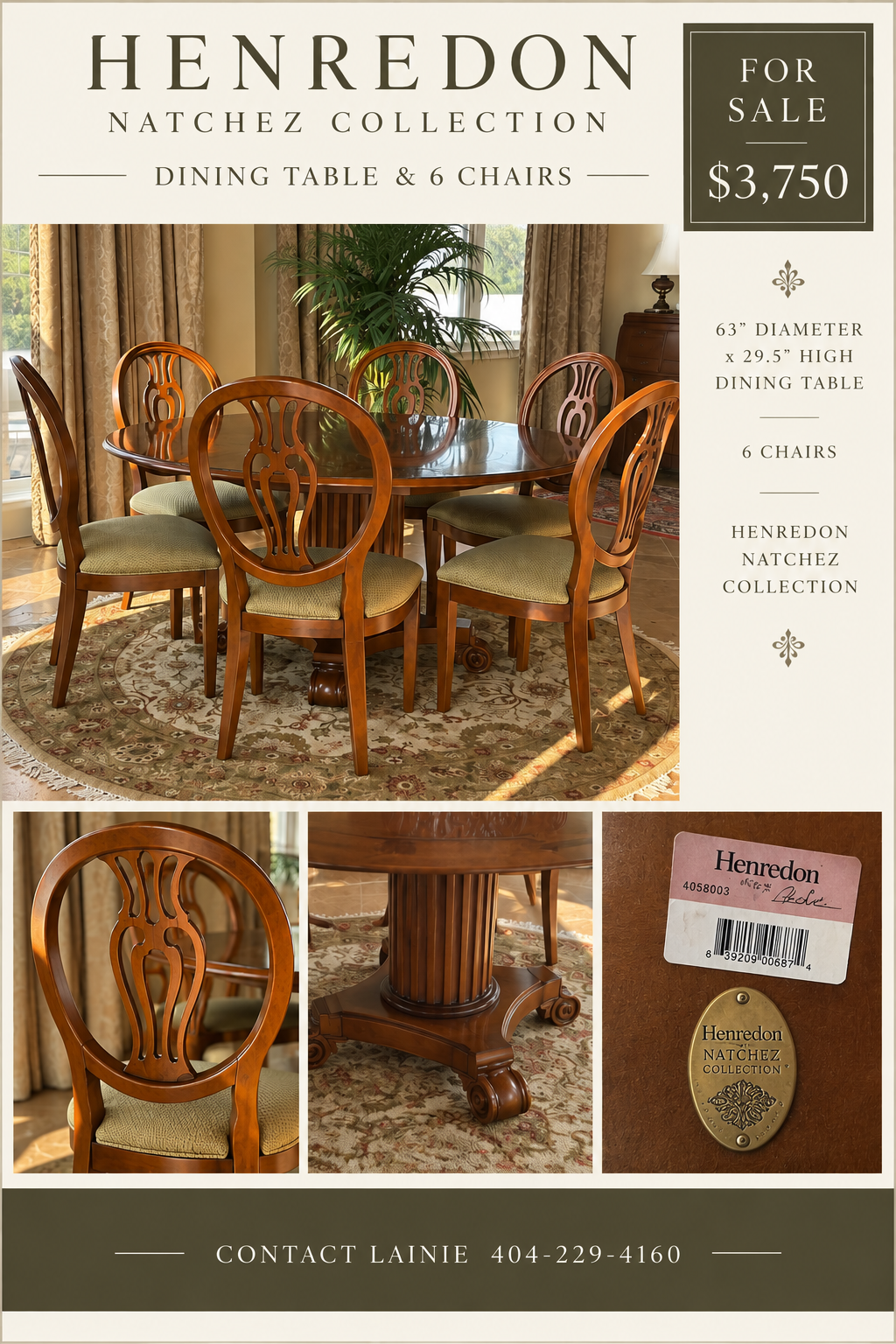 Henredon Natchez round pedestal dining table with six oval-back upholstered chairs