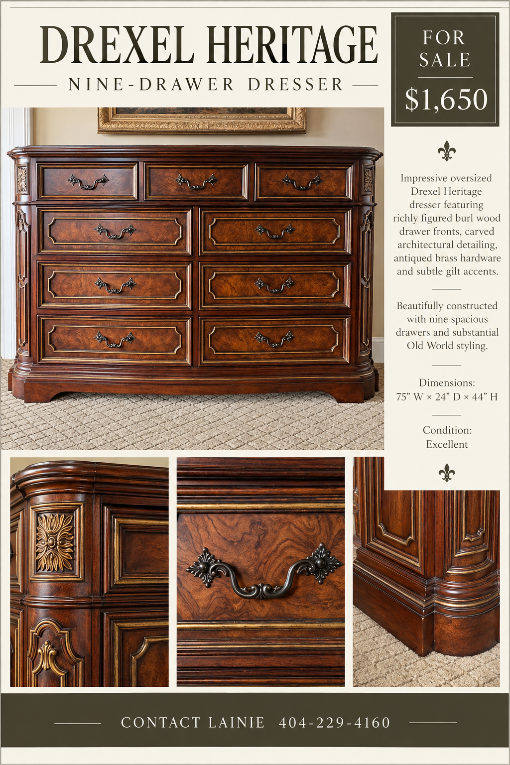 Drexel Heritage nine-drawer dresser in figured burl wood with antiqued brass hardware