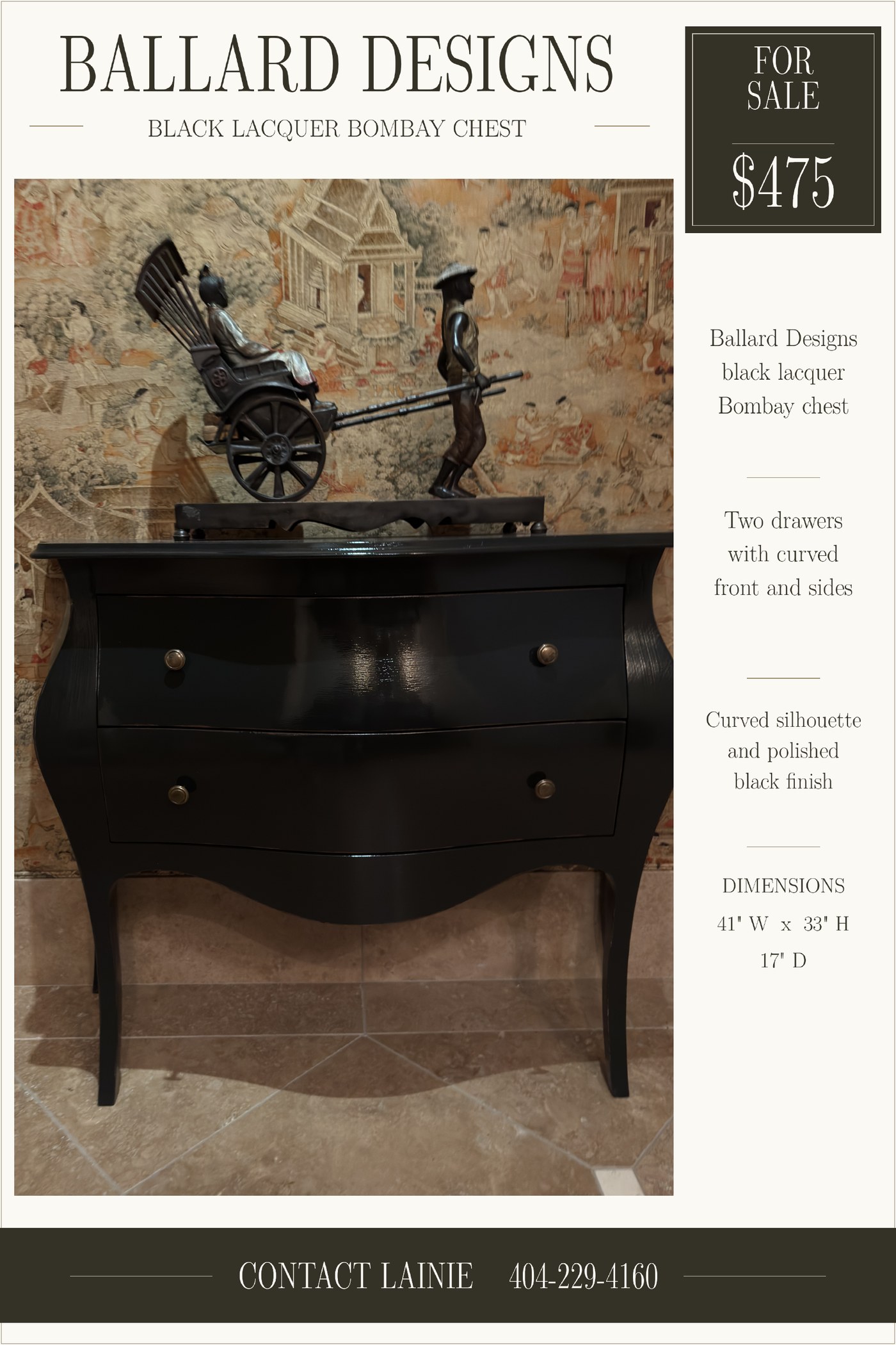 Ballard Designs black lacquer Bombay chest with two curved drawers