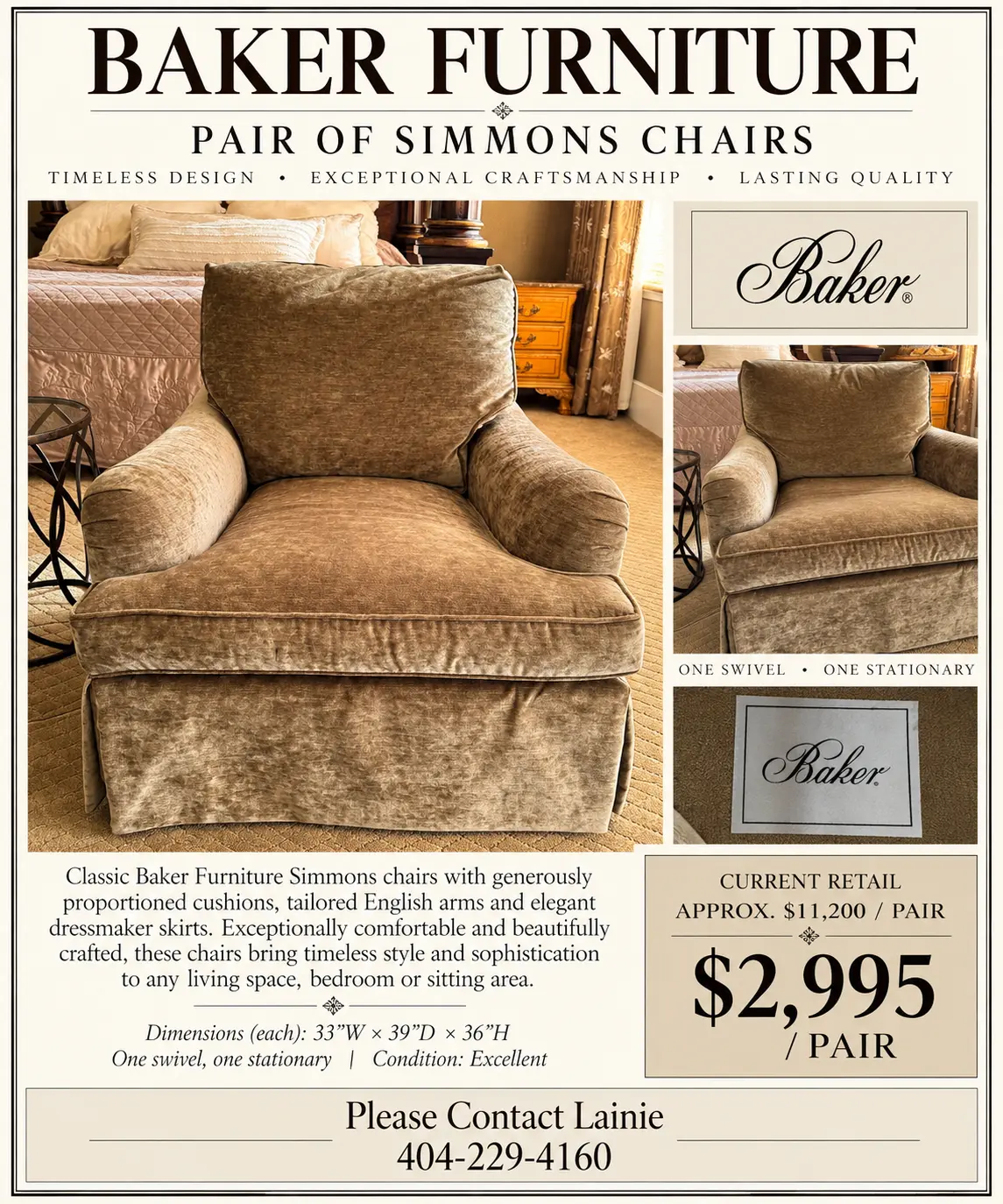 Pair of Baker Furniture Simmons chairs upholstered in a golden velvet fabric