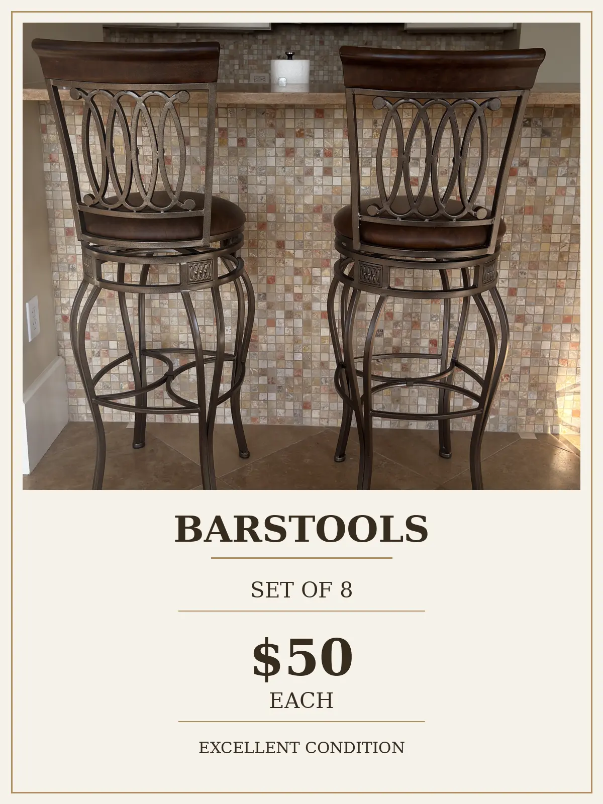 Set of eight barstools with padded seats and bronze-finished metal frames