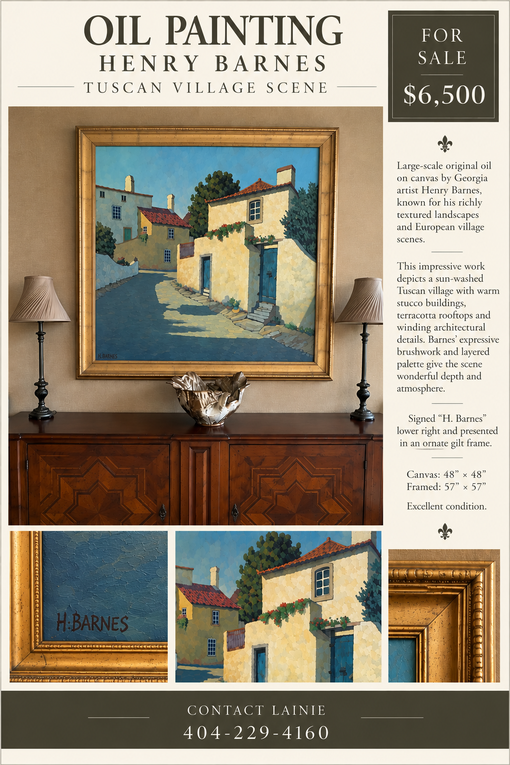 Original oil painting of a Tuscan village scene by Henry Barnes, set in an ornate gilt frame