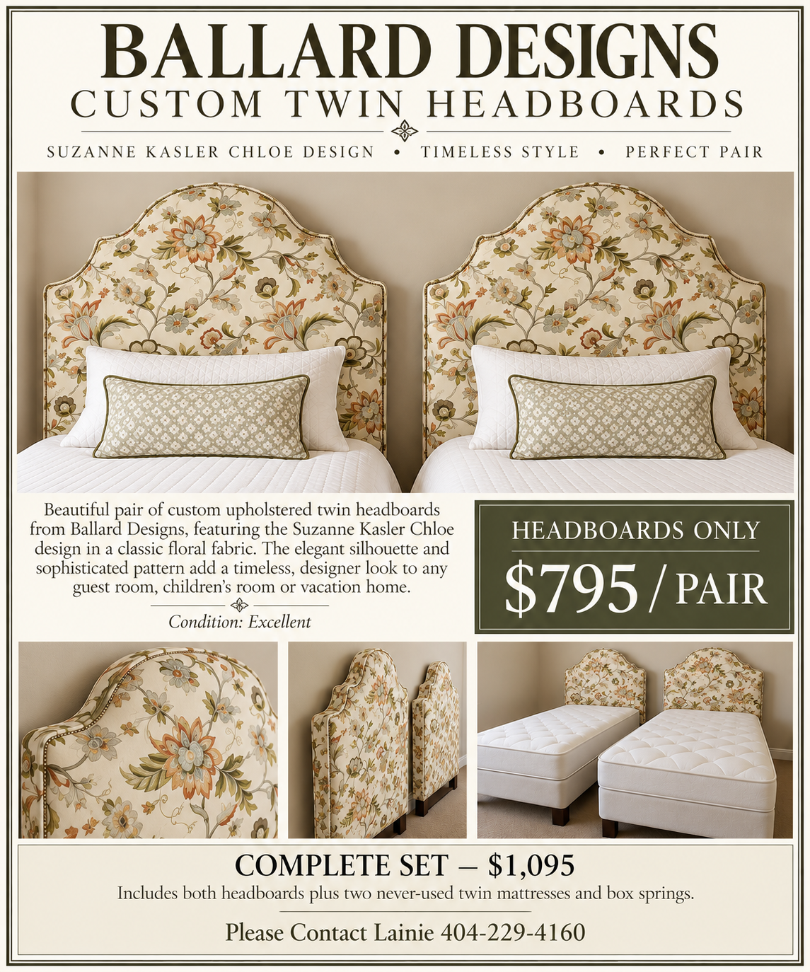 Pair of Ballard Designs custom upholstered twin headboards in a floral fabric