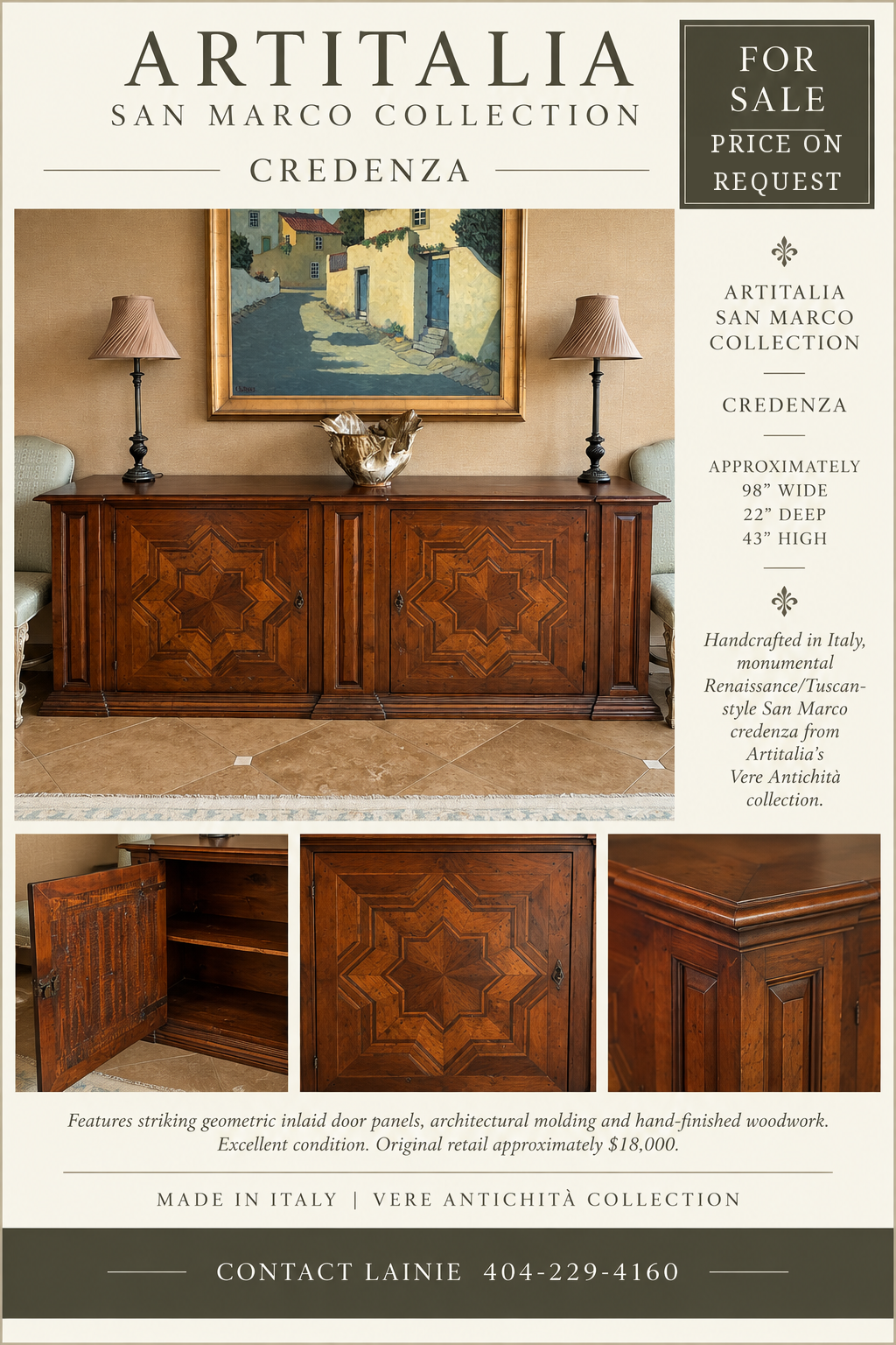 Handcrafted Artitalia San Marco credenza with inlaid door panels