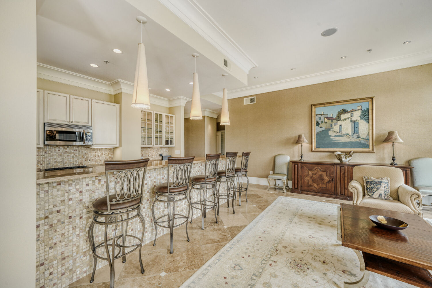 Living room with fireplace and bay window